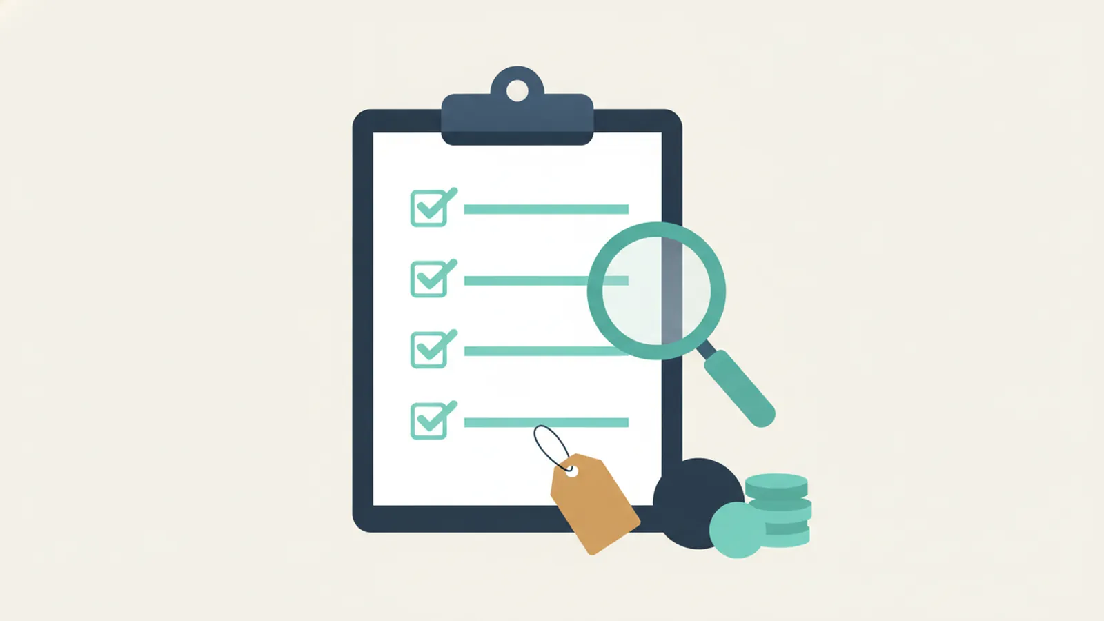 Clipboard checklist with a blank price tag, magnifying glass and coins