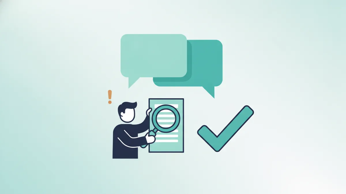 Speech bubbles and a document being checked, representing questions to ask before buying