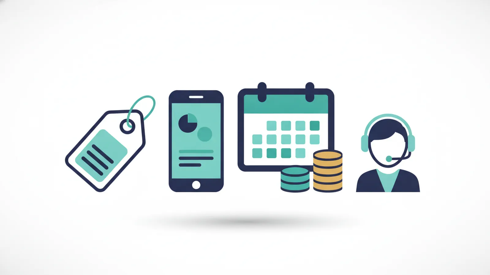 Price tag, phone and coins beside a headset icon