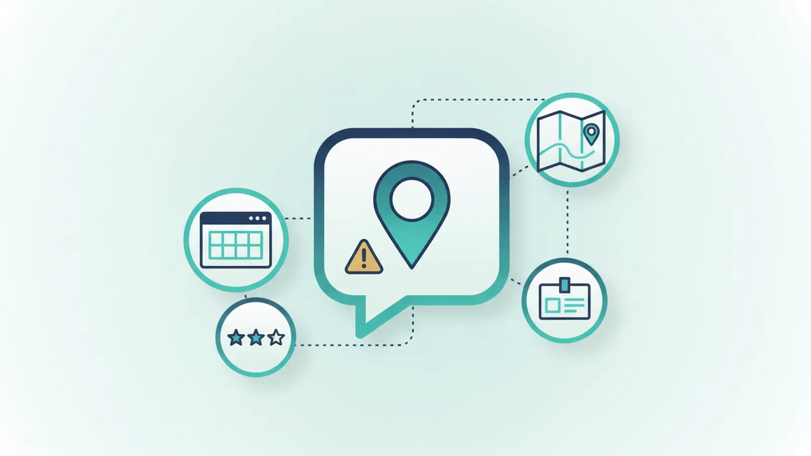 Chat bubble holding a map pin, linked to website, review and directory icons