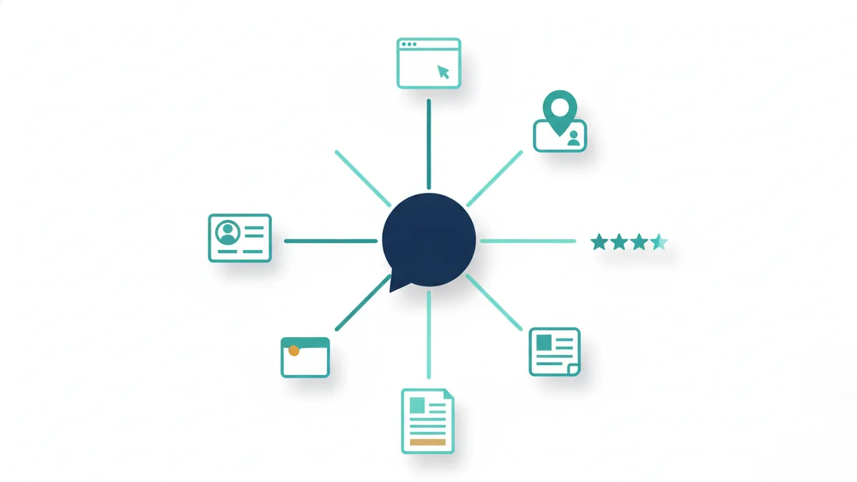 Diagram of sources an AI tool reads, including website, profile, reviews, directories and news
