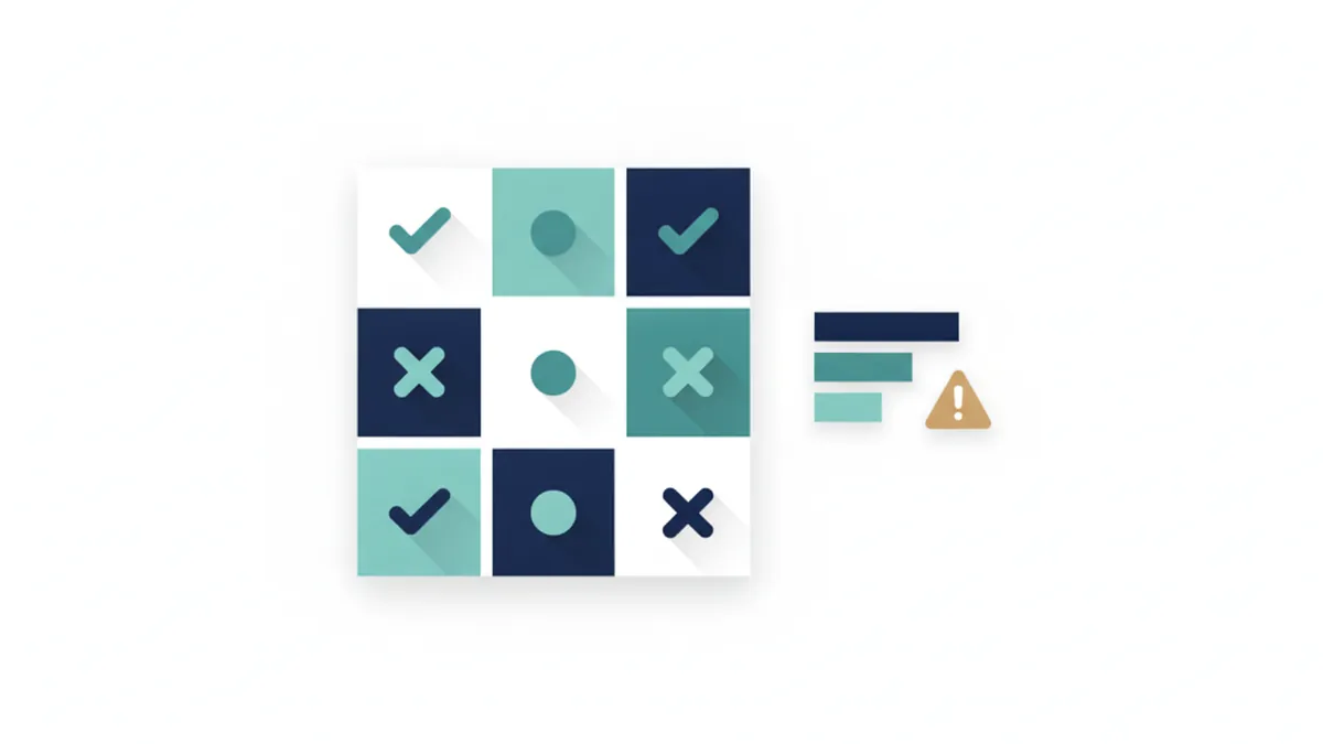 Grid of check marks and crosses beside a small bar chart tally