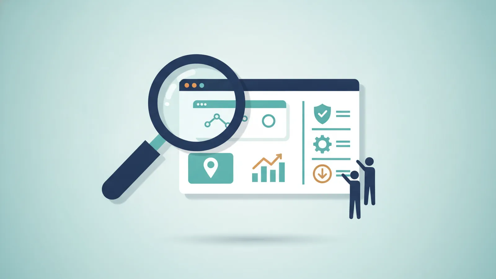 Magnifying glass over a website, map profile and chart beside a ranked checklist