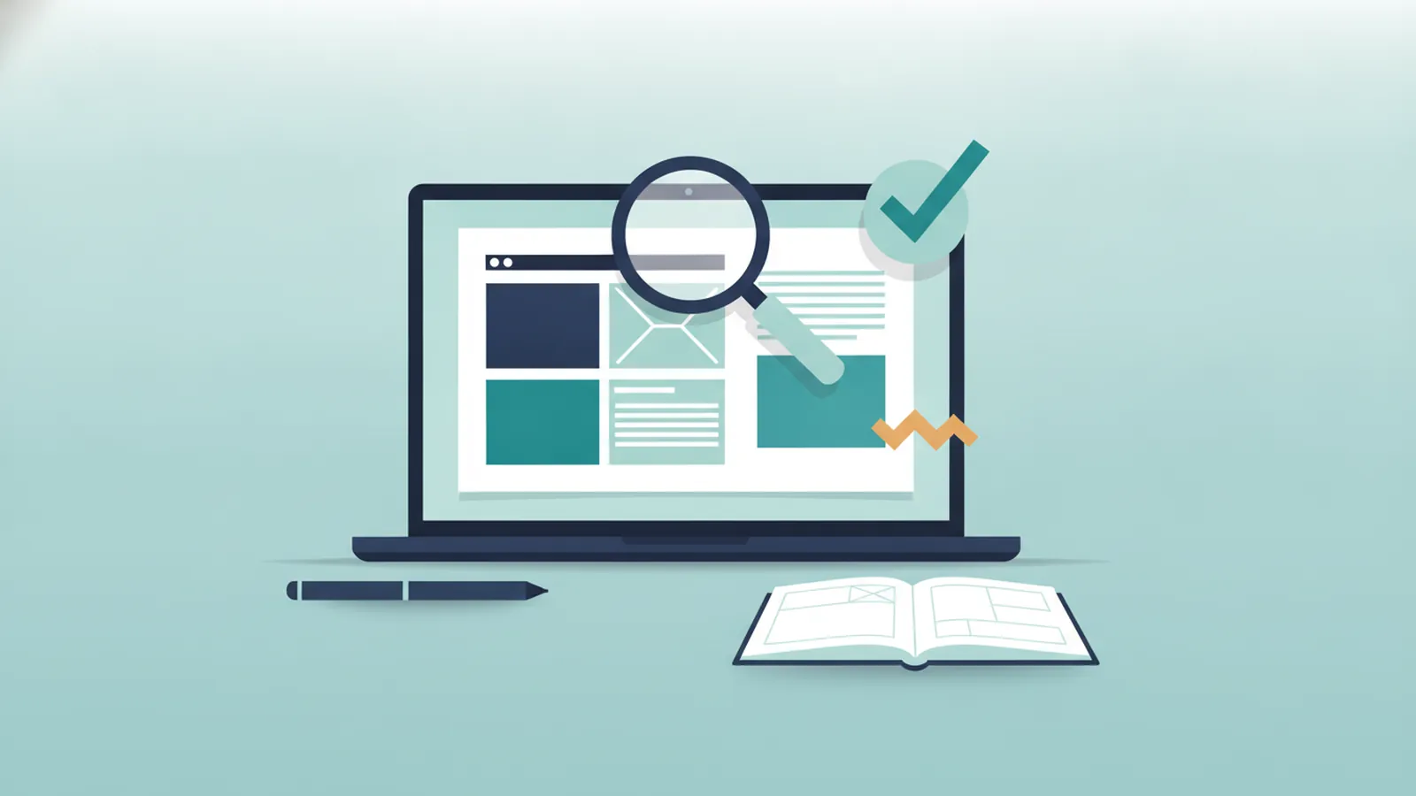 Pen and notebook beside a laptop showing page layouts