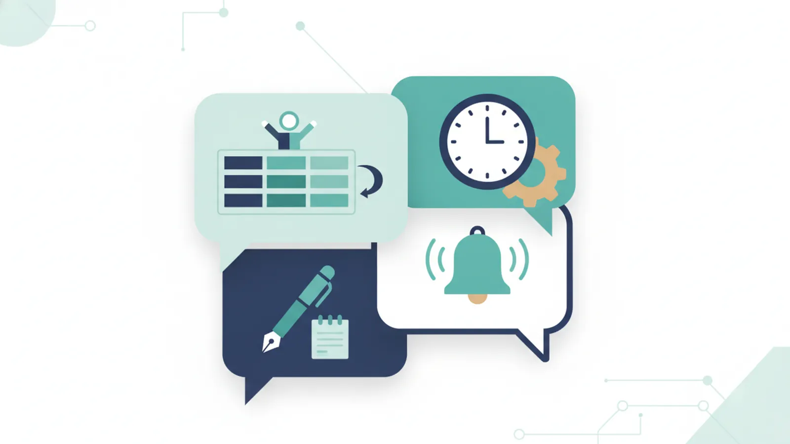 Speech bubbles with pipeline, clock, pen and bell icons