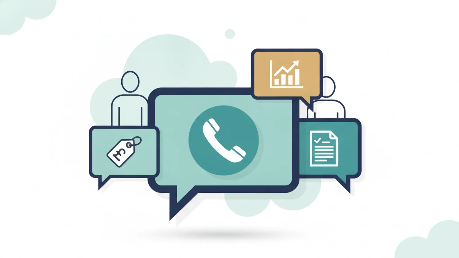 Speech bubbles with tag, phone, form and chart icons