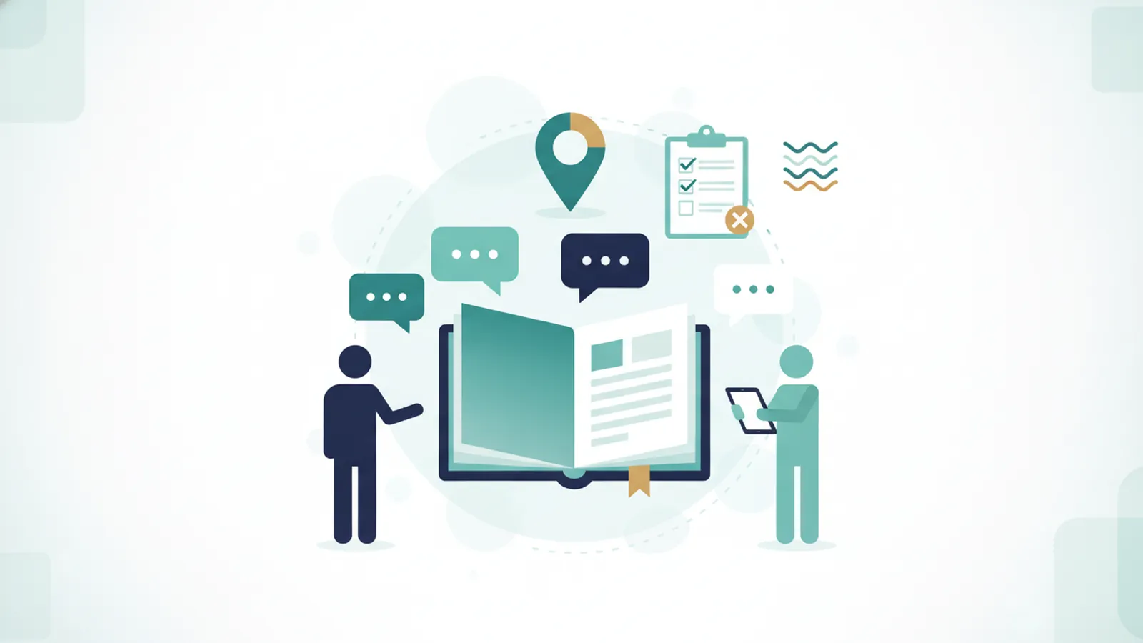 Speech bubbles around a directory book with map pin and checklist