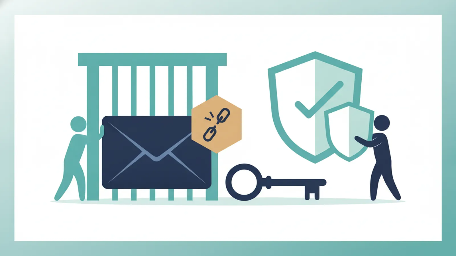 Envelope blocked by a filter gate beside a key and shield