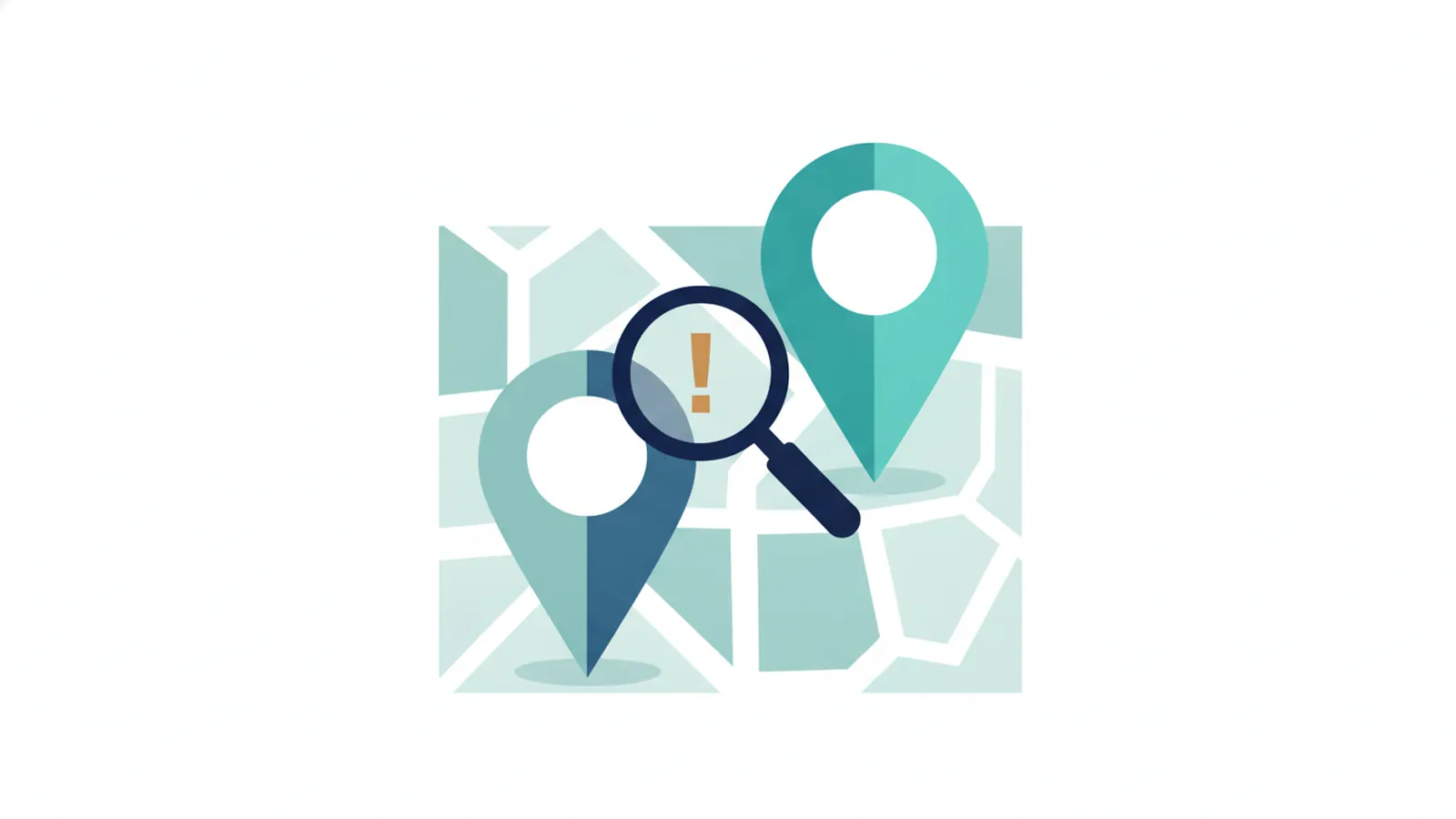 Two near-identical map pins with a magnifying glass between them