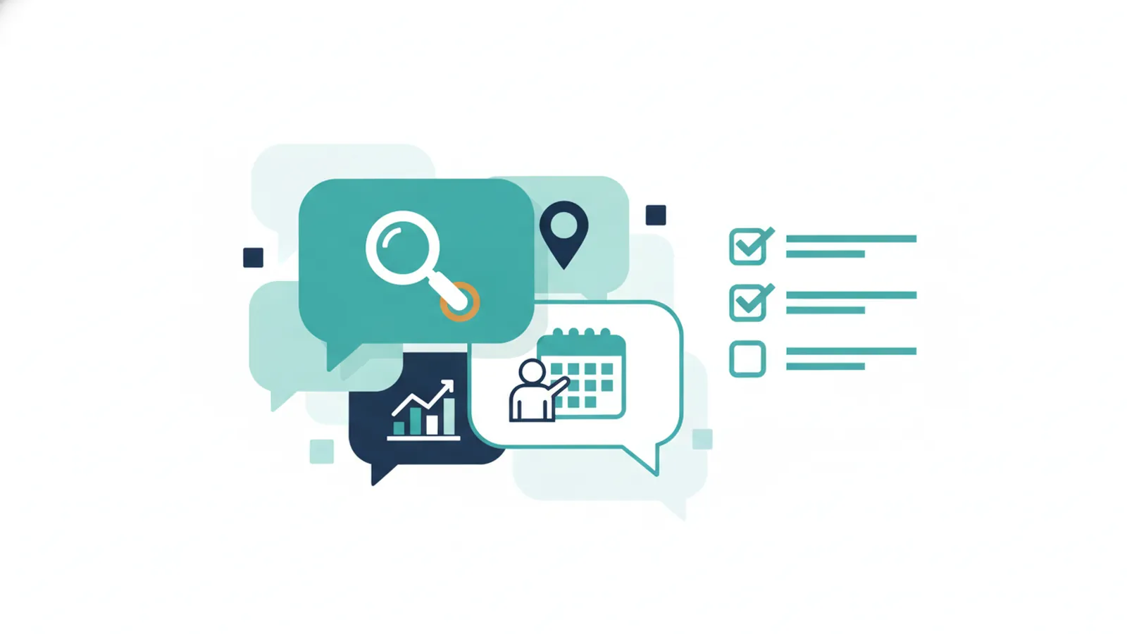 Speech bubbles with search, map, chart and calendar icons