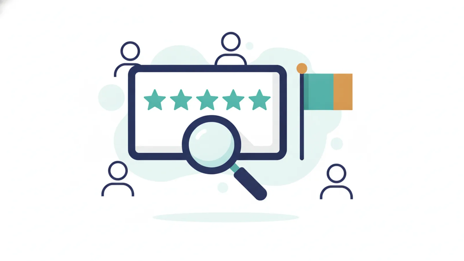 Review card under a magnifier with a flag marker