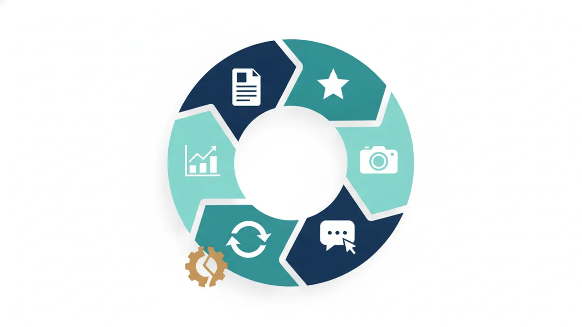 Rhythm wheel with icons for pages, reviews, photos, posts and reports