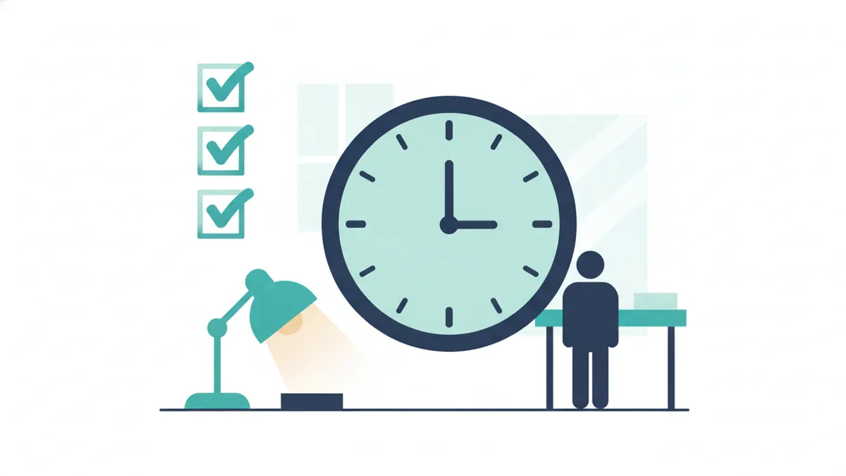 Clock, three-item checklist and desk lamp showing a short routine