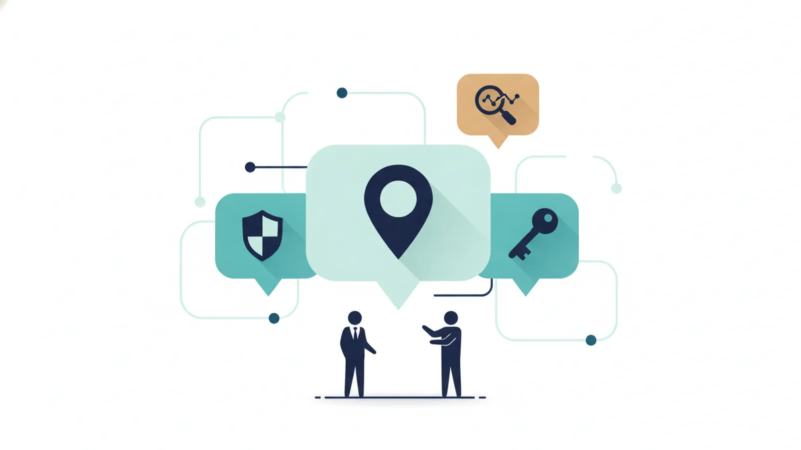 Speech bubbles with map pin, shield, key and search icons