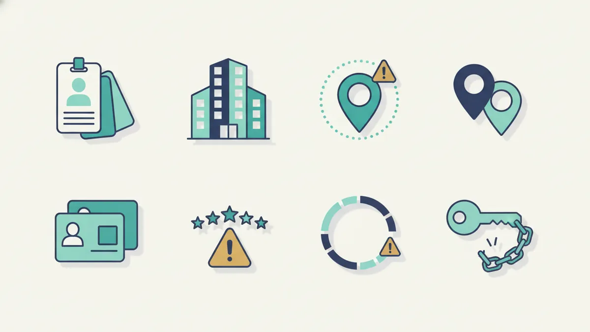 Eight icons representing common causes of Google Business Profile suspension
