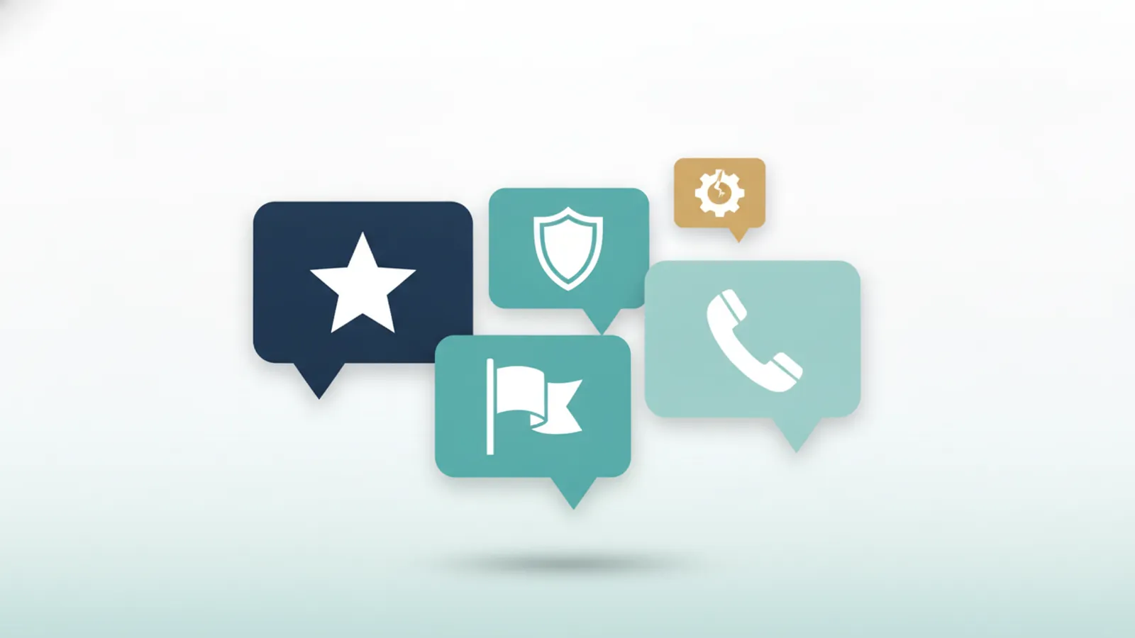 Speech bubbles with star, shield, flag and phone icons