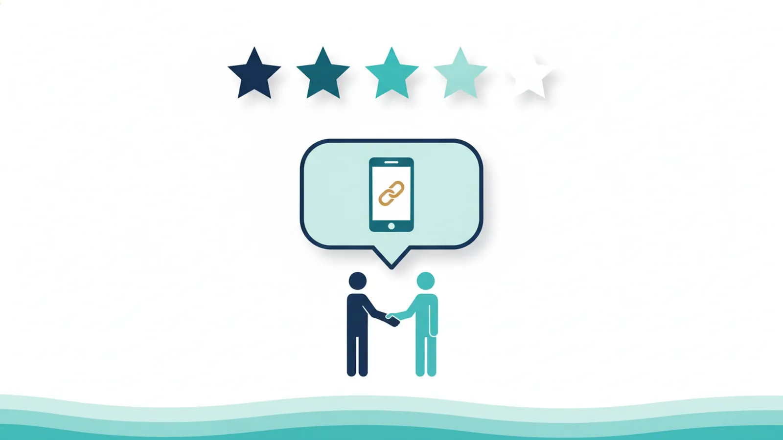Five stars above a speech bubble and a phone with a link