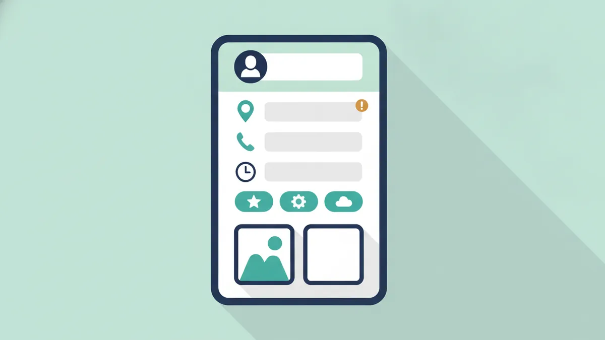 Profile card divided into name, address, phone, hours, categories and photos