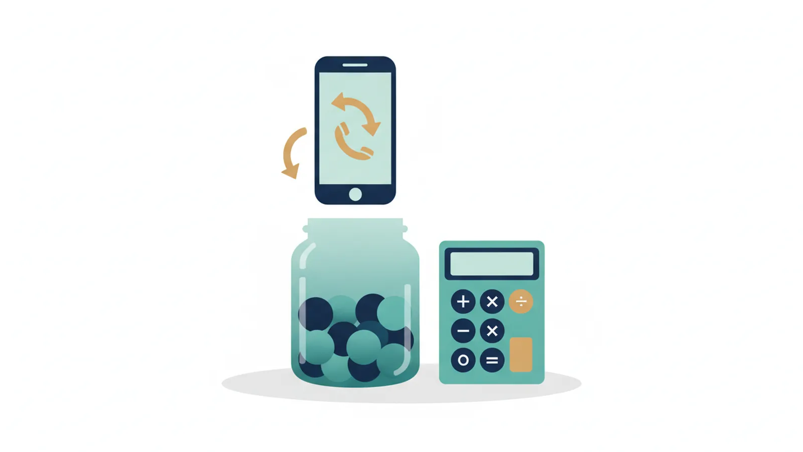 Phone with missed calls dropping into a coin jar beside a calculator
