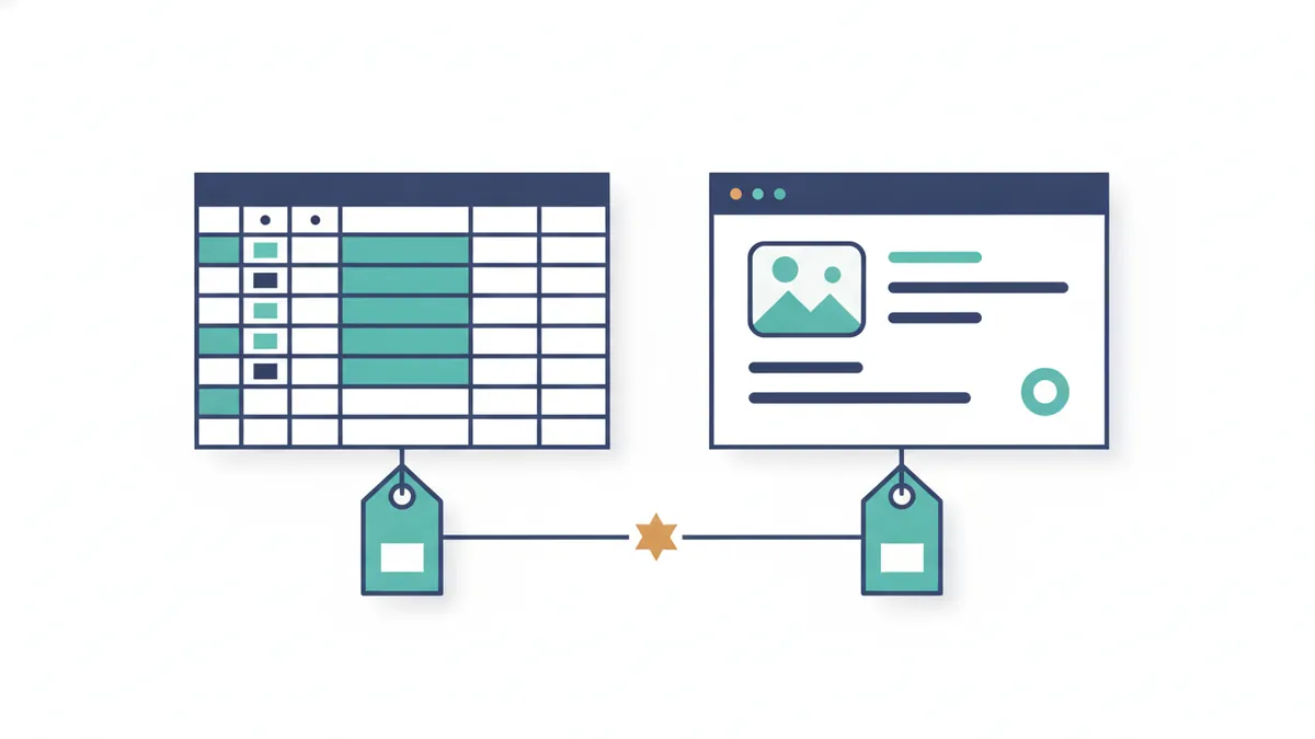 Feed spreadsheet and product page with mismatched price tags linked by a warning marker