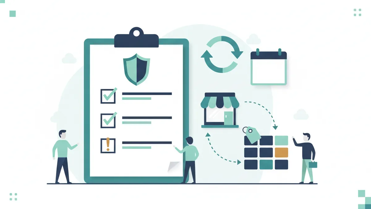 Checklist with shield, refresh arrow and calendar representing regular product feed health checks