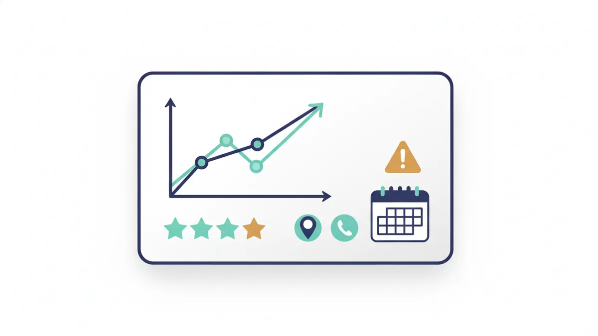 Monthly report page with chart, stars, map pin and phone icon