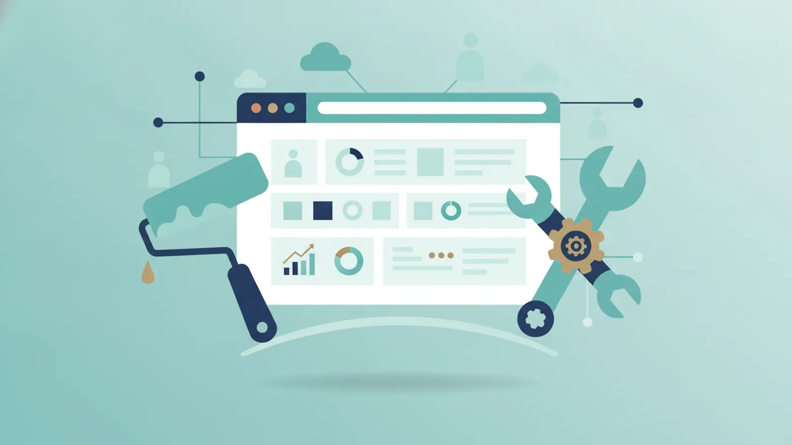 Website window with a paint roller and a wrench showing redesign versus fix