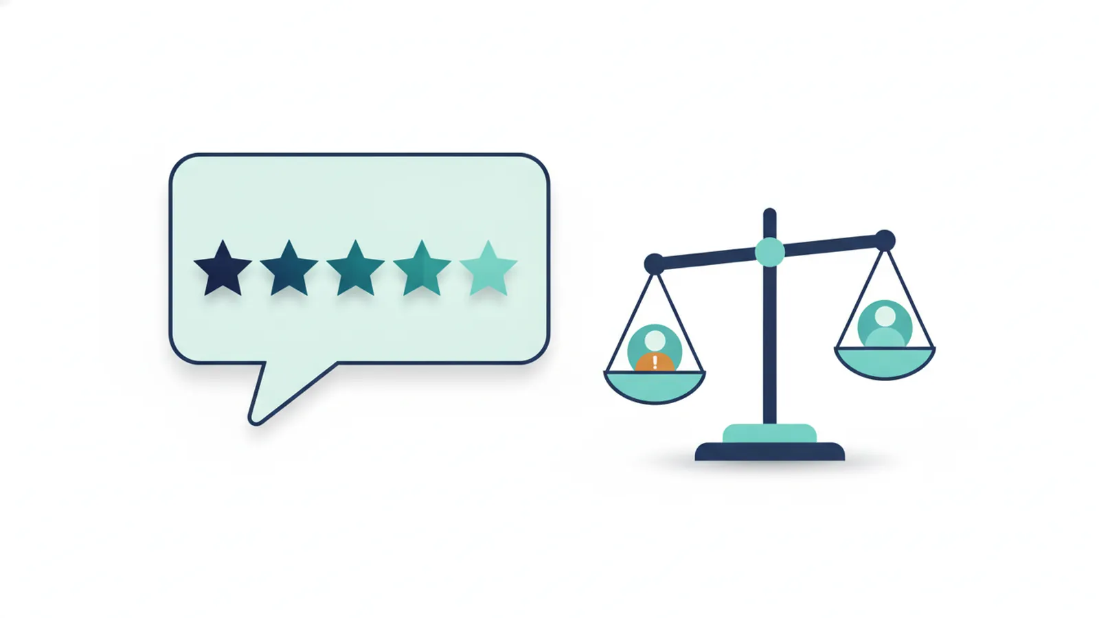 Five stars and a speech bubble beside a balance scale, suggesting fair reviews