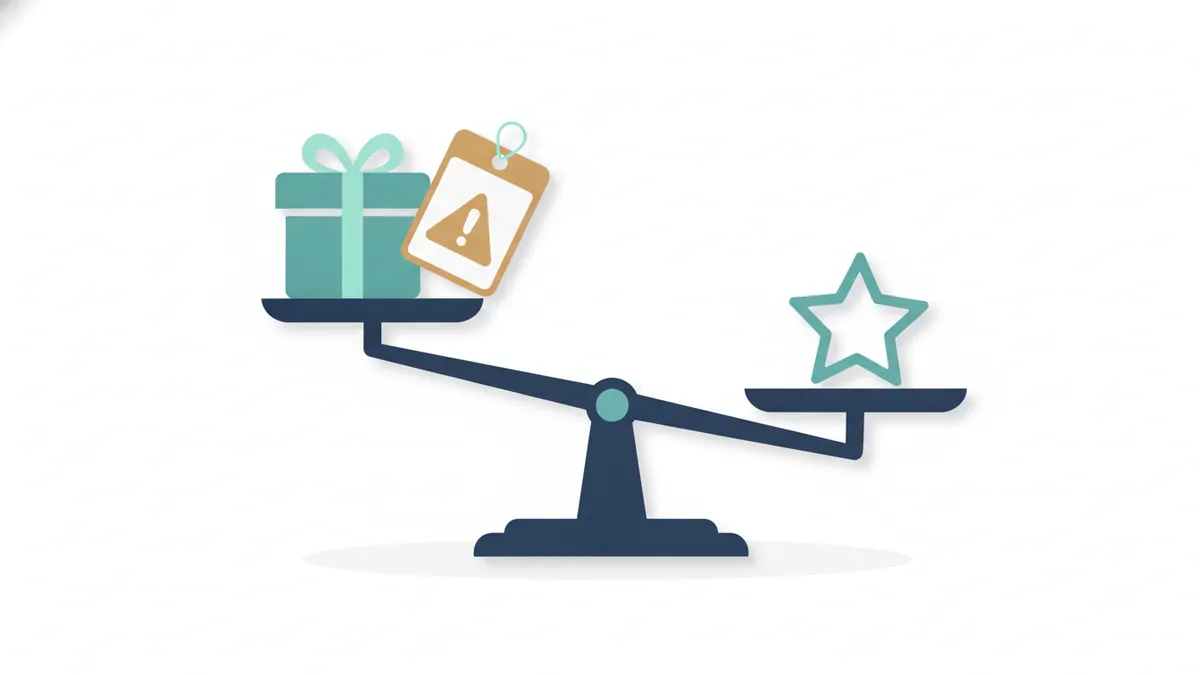 Balance scale weighing a gift box and discount tag against an honest star review