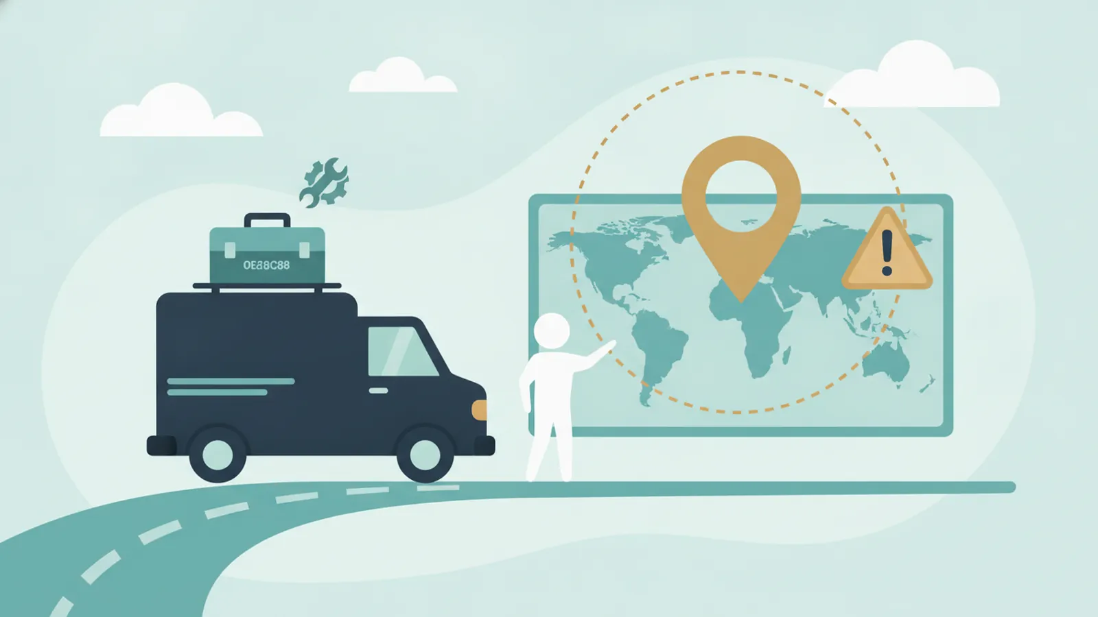 Van on a map with a service area circle around a hidden pin