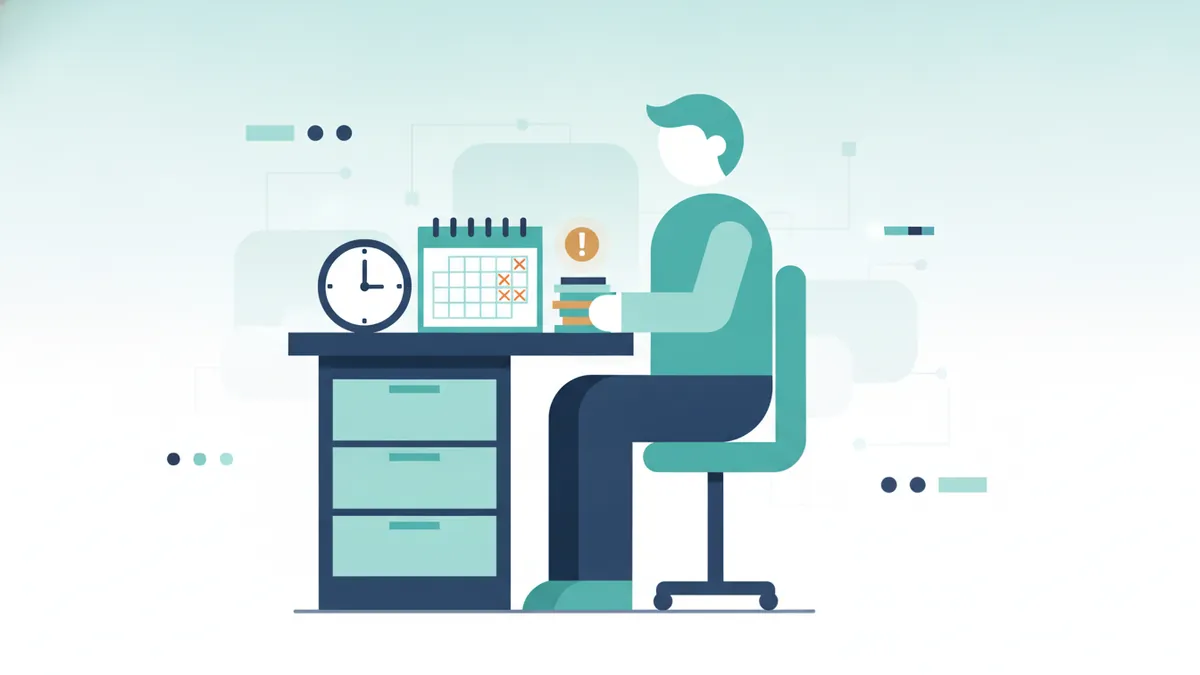 Person at a desk with a clock and a half-empty posting calendar