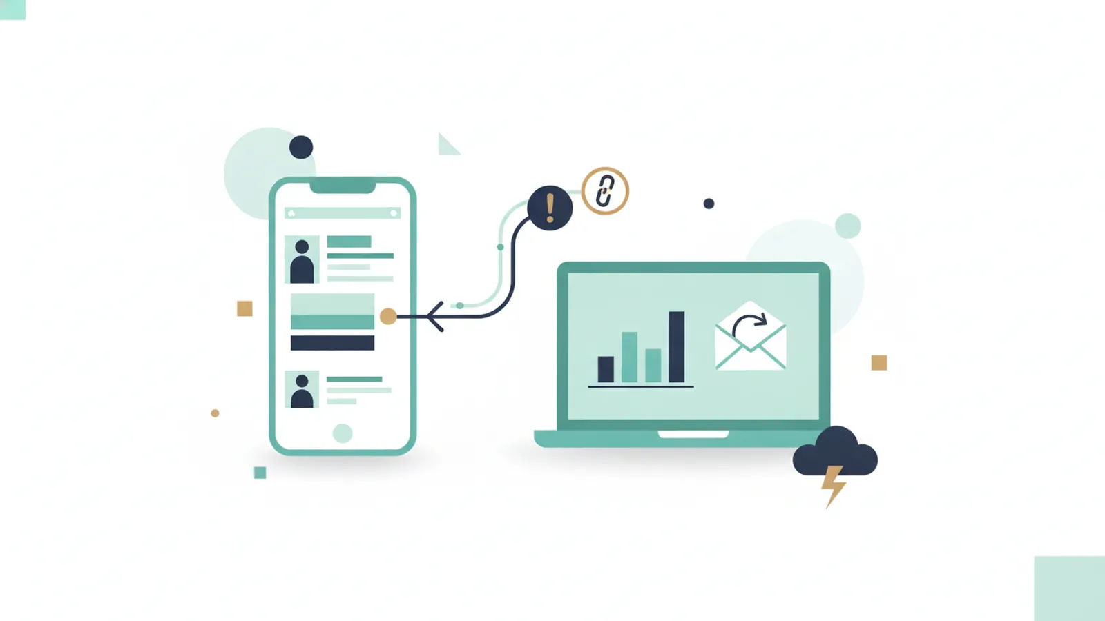 Tagged link leading from a phone feed to a laptop chart and an envelope
