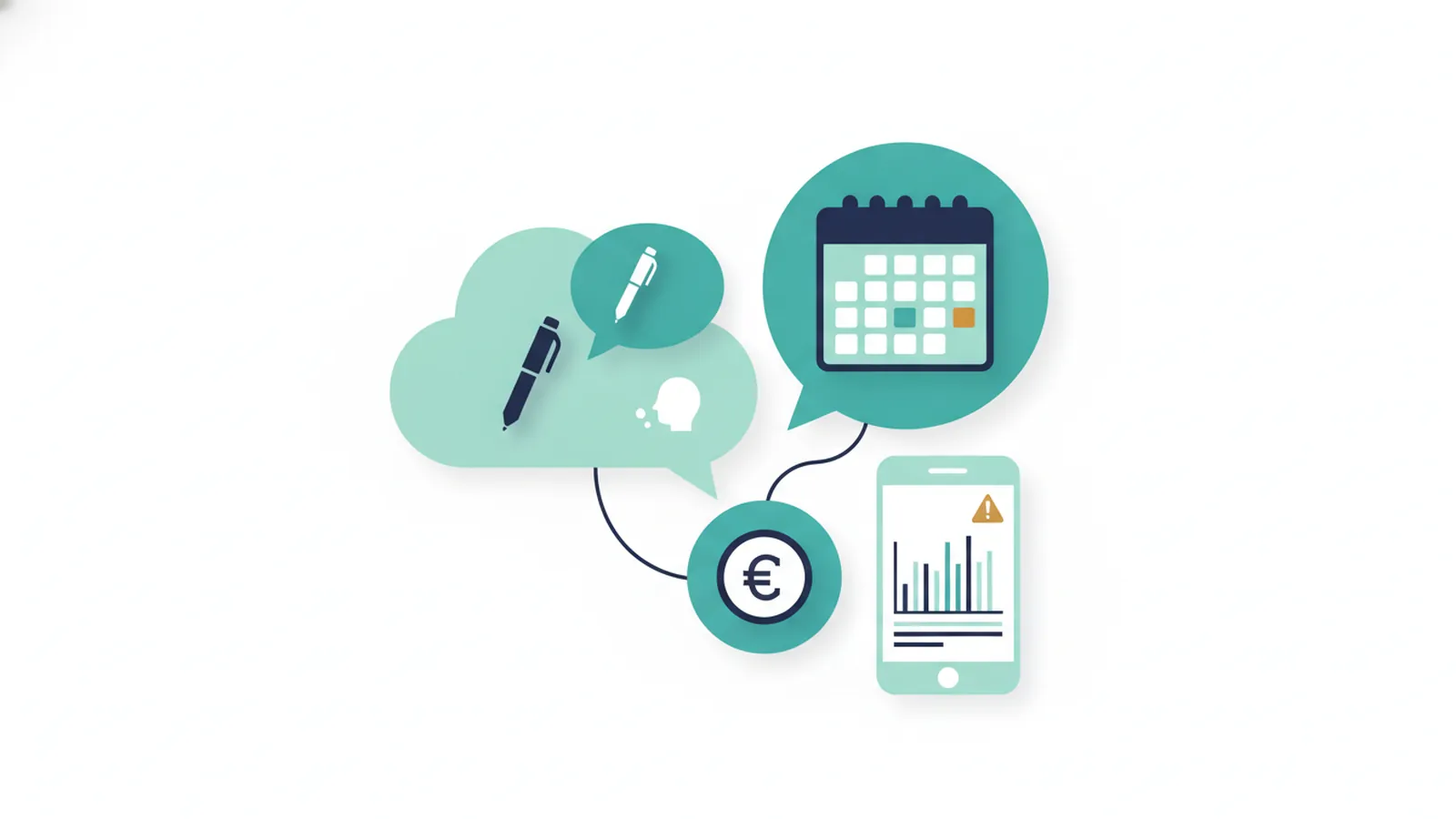 Speech bubbles with pen, calendar, coin and phone icons