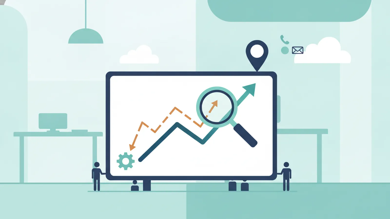 Rising chart with magnifying glass, map pin, phone and envelope icons