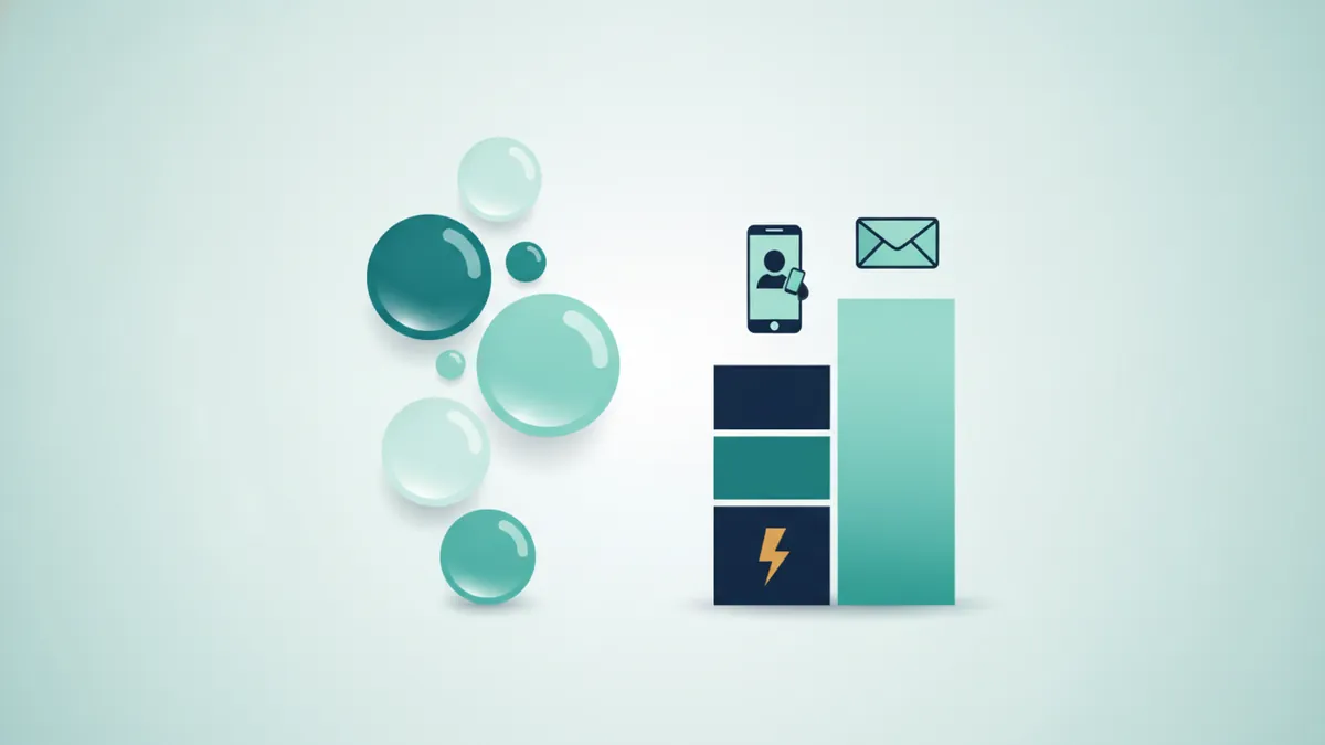 Floating empty bubbles beside solid blocks leading to a phone and envelope