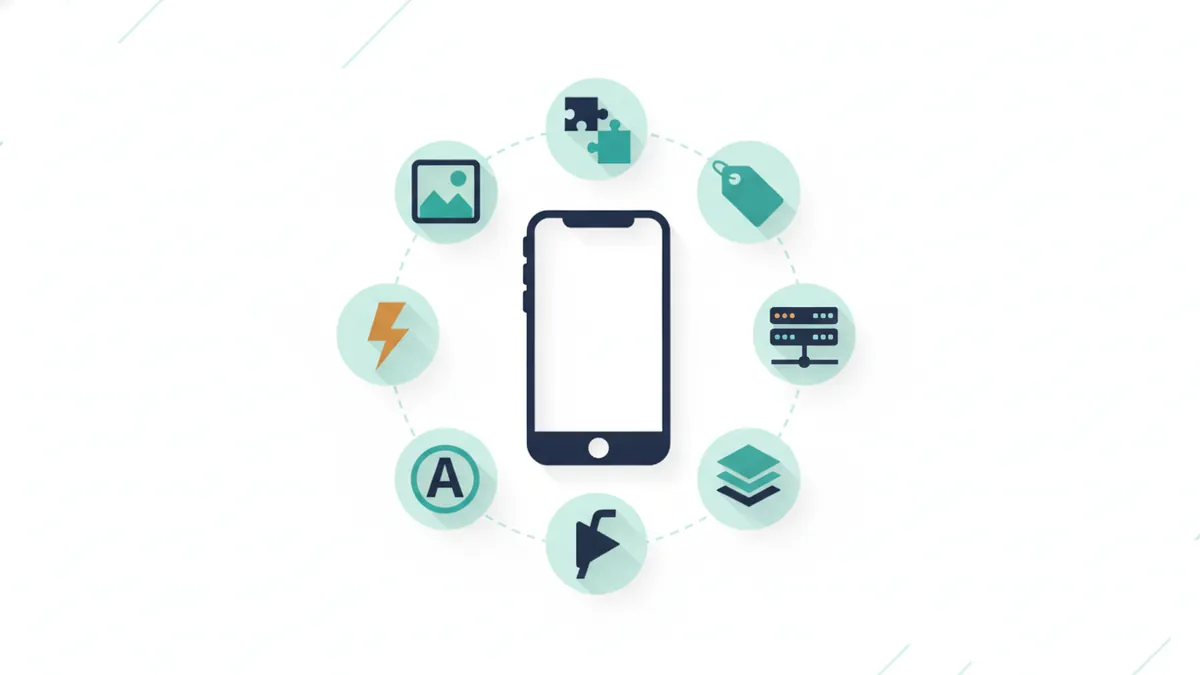 Eight common causes of slow mobile pages shown as icons around a phone