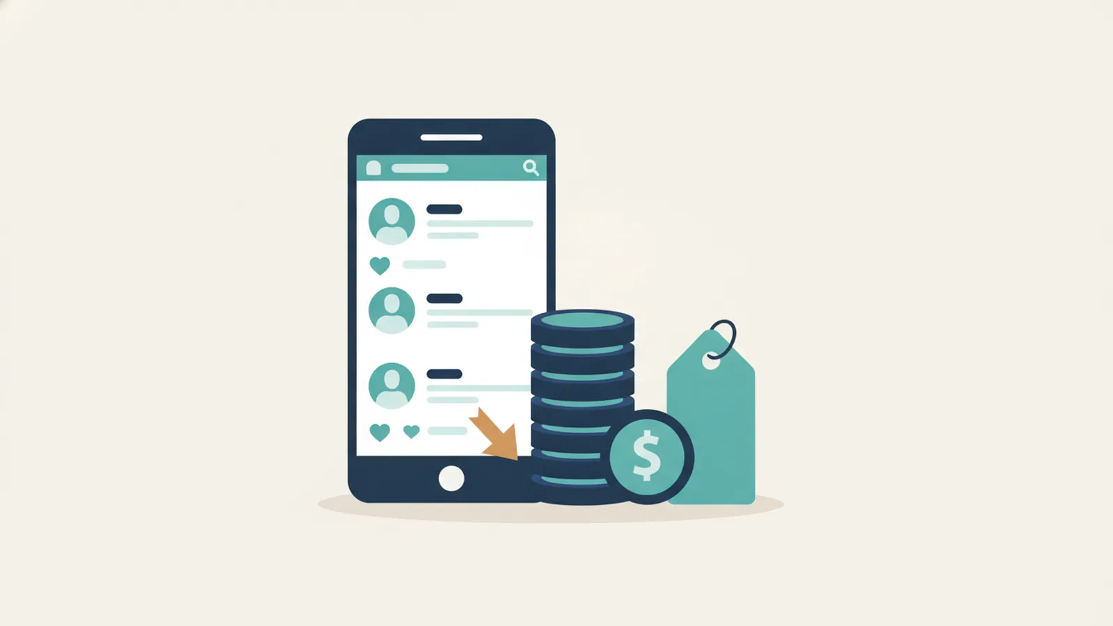 Phone showing a social feed beside coins and a price tag