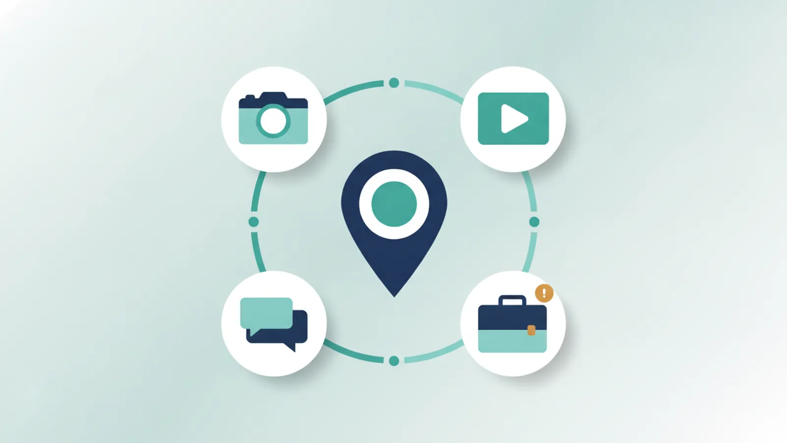 Four platform-neutral social icons around a map pin