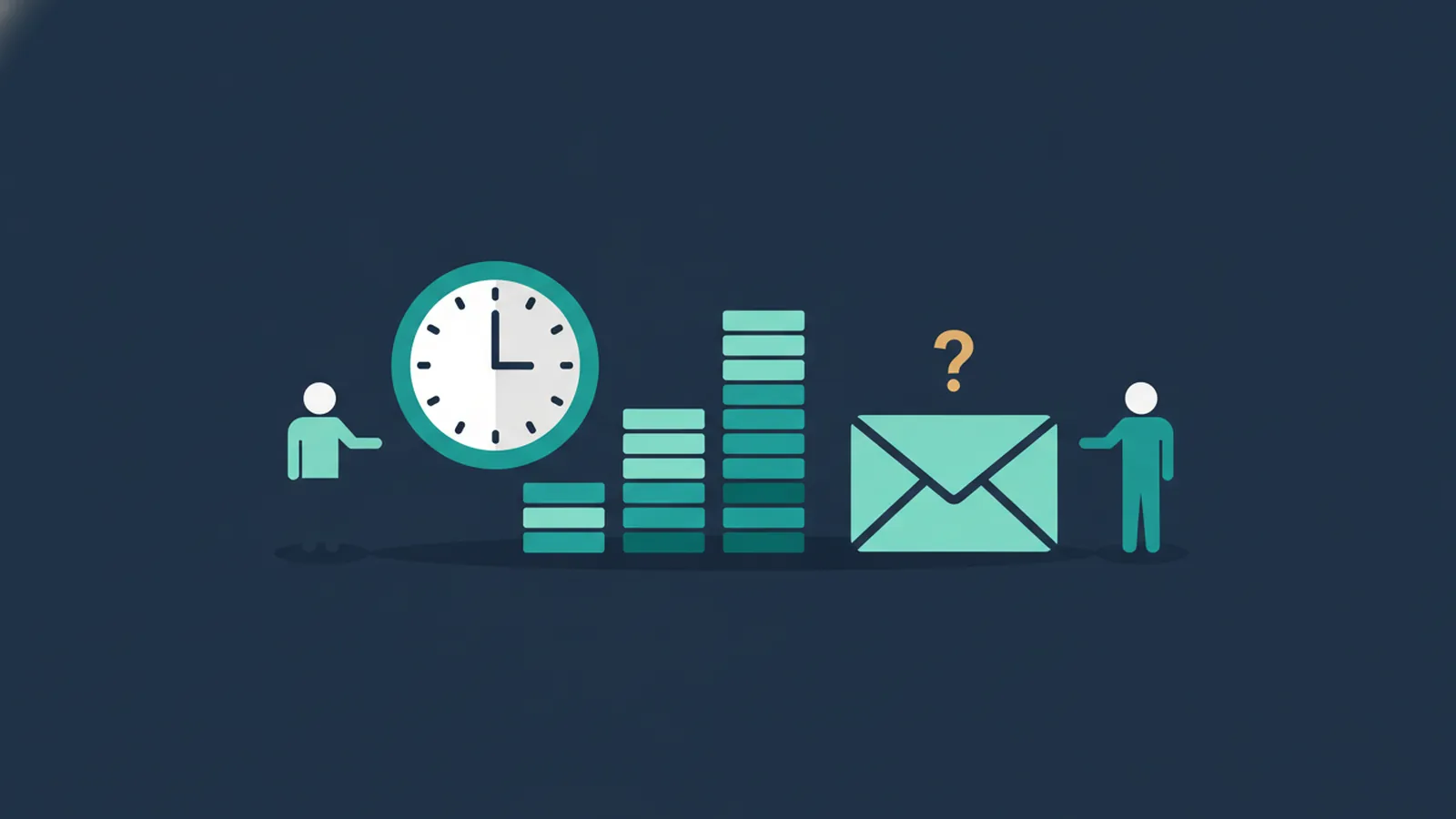 Clock and growing coin stack beside an enquiry envelope