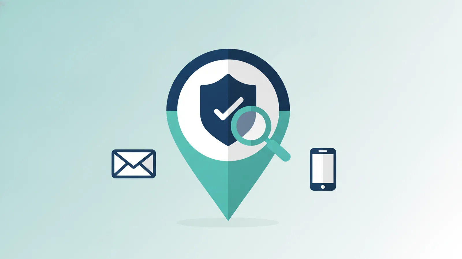 Map pin profile with a shield and tick being checked, beside envelope and phone icons