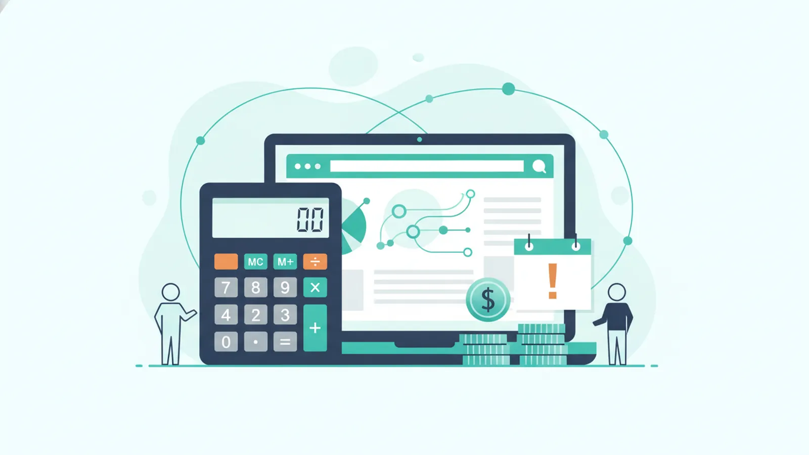 Calculator, laptop with website and coins representing website costs