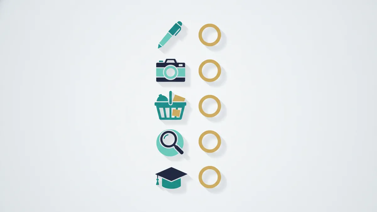 Icons for writing, photography, ecommerce, search and training costs