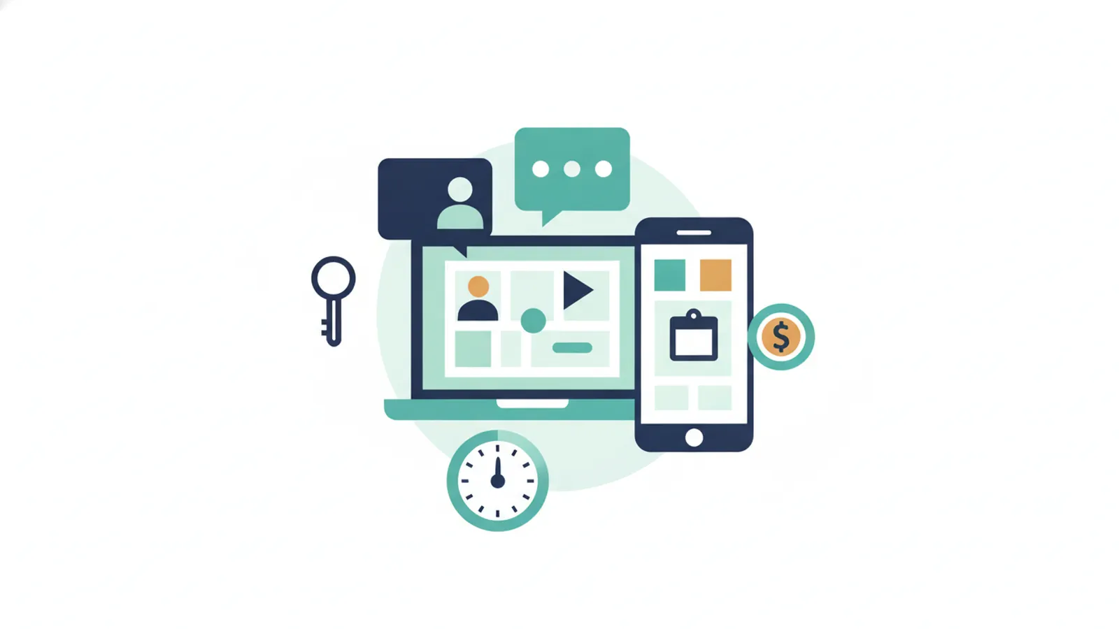 Speech bubbles around a laptop and phone with key, coin and dial icons