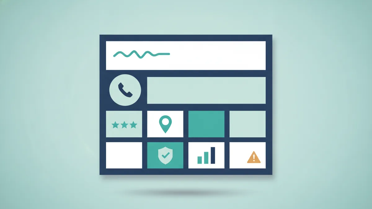 Website wireframe showing headline, call button, reviews, location and tracking blocks