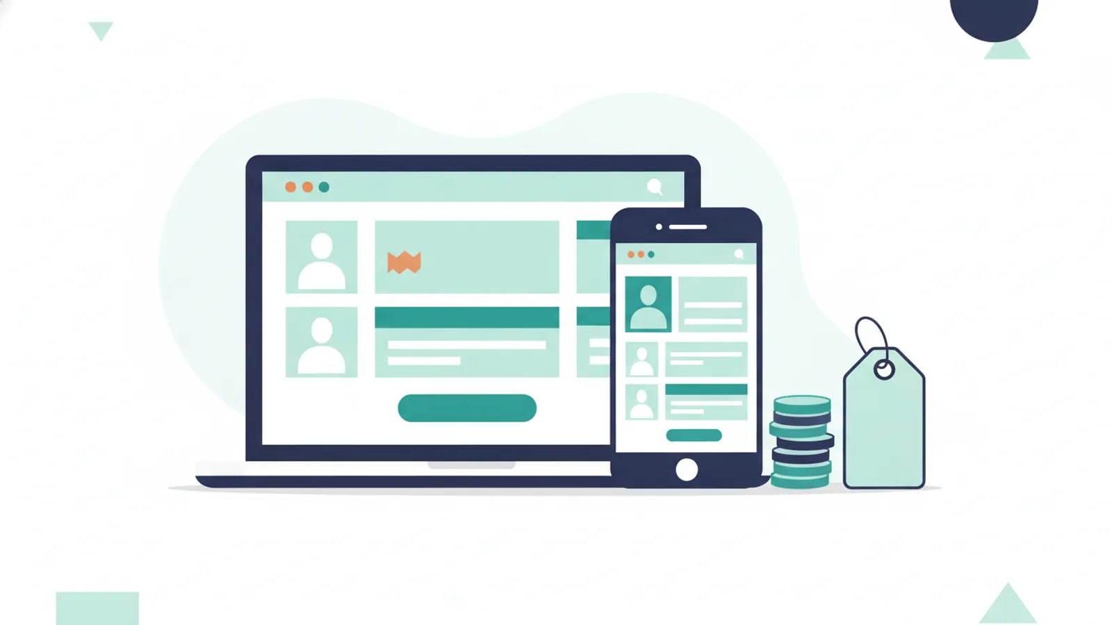 Laptop and phone showing a simple website beside coins and a blank price tag