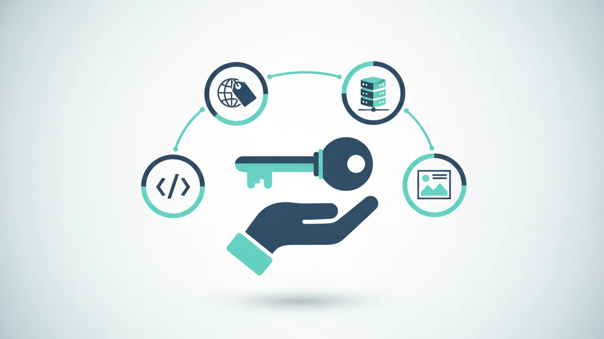 Key connected to four icons for domain, hosting, code and content, showing website ownership