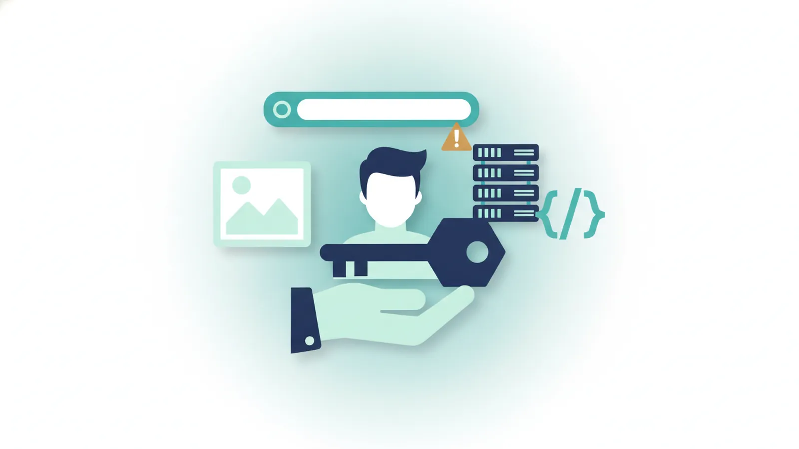 Key surrounded by domain, hosting, code and content icons