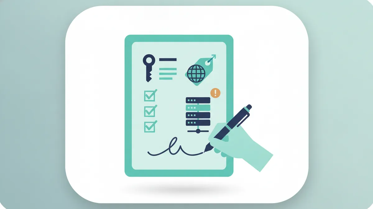 Contract with ticks beside domain, hosting and key icons being signed